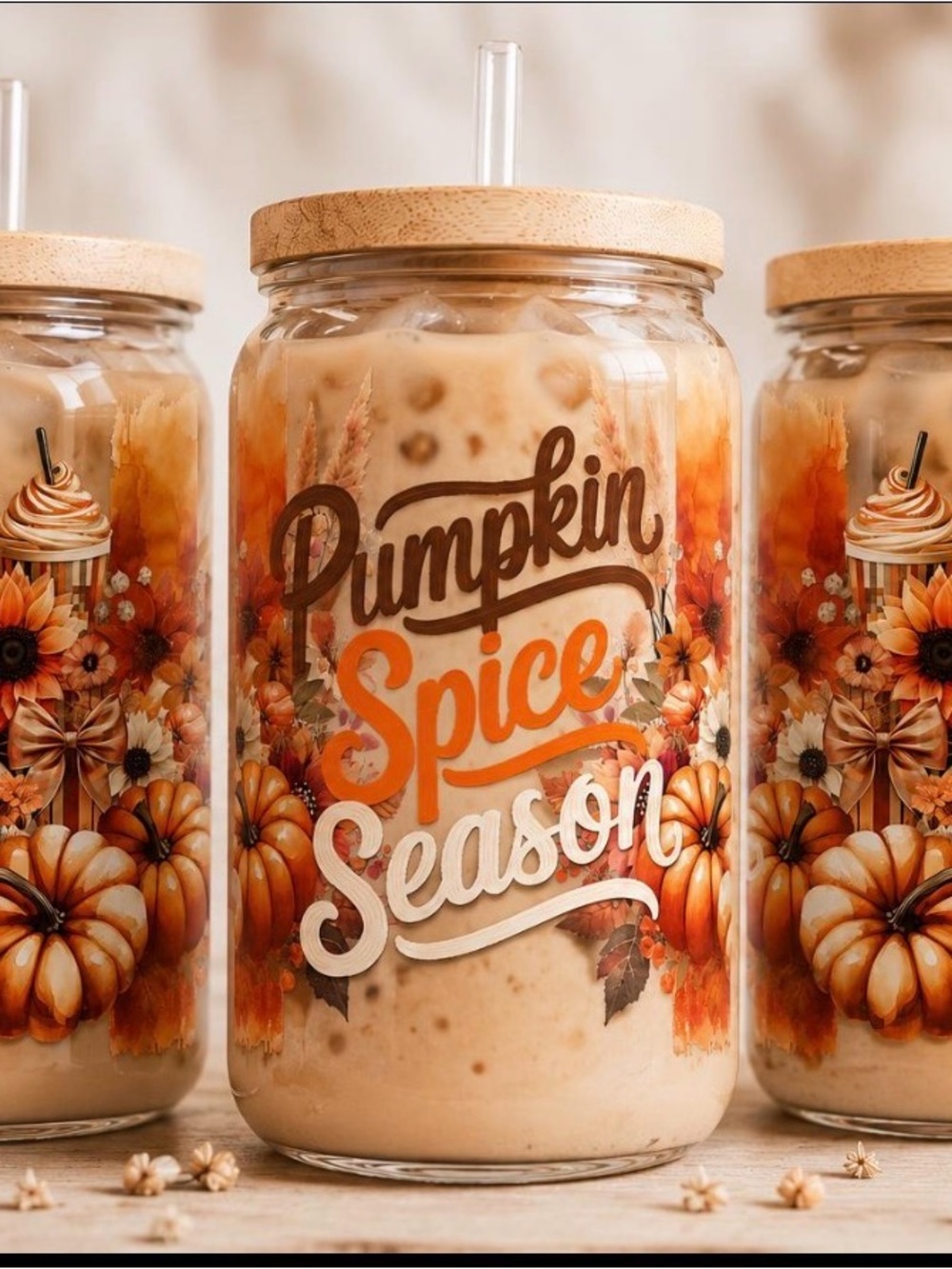 New Pumpkin Spice Season Glass Tumbler with Bamboo Lid - Autumn Orange Design